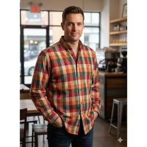 Orvis Plaid Long Sleeve Button Down Shirt Orange Green Burgundy Cream SZ Large